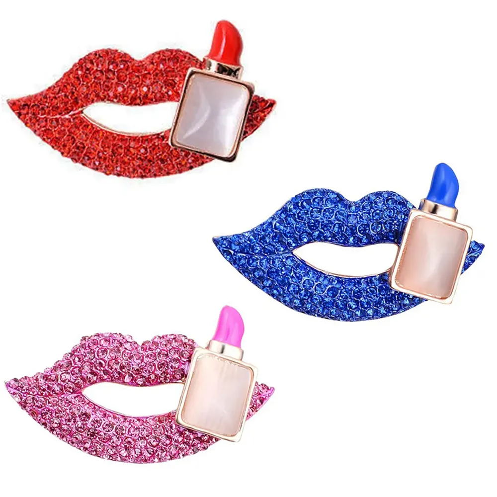 20 Pcs/Lot Fashion Women Brooch Pink/Red/Blue Rhinestone Lip Sexy Kiss Lipstick Brooches Pin