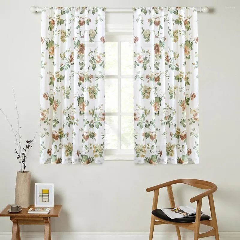 Vorhang mit bedrucktem Pfingstrosen-Blumenmuster, kurze Tüllvorhänge für Küchenfenster, durchsichtiger Voile im Wohnzimmer, individuell gestaltet