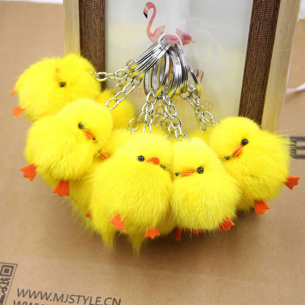 Key Rings Little Yellow Chicken Real Hair Keychain Little Chicken Plush Bag Jewelry Accessories Girl Duck Mobile Phone Ornaments G230210