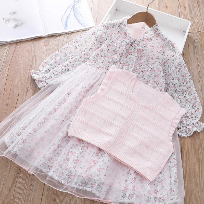 Sets Teens Fashion Clothing Suit Girls Clothes Set Spring Pullover Mesh Dress Knitting Vest Two pieces Boutique Outfits