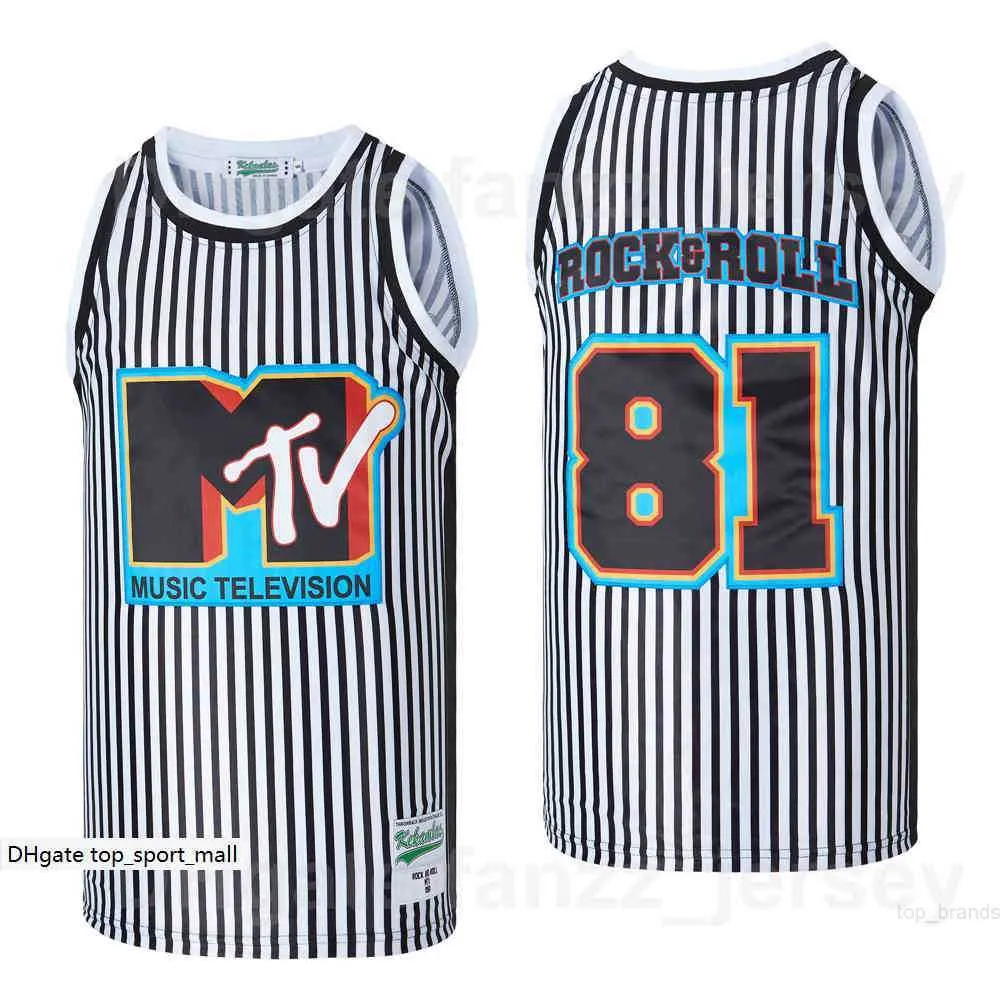 Film muzyczny w koszykówce MTV 81 Rock Roll Jersey Men Hip Hop Black White Pinstripe Team Color Hiphop oddychający liceum dla fanów sportowych mundur koszulowy