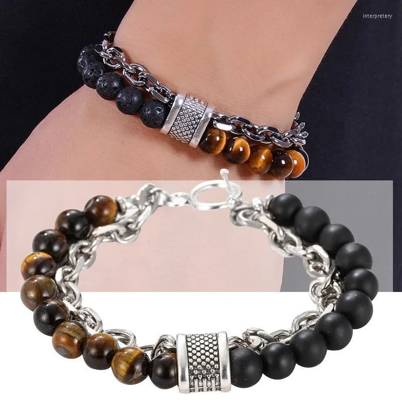 Strand Beaded Strands 1PC Braccialetto Regali Sollievo dallo stress Natural Tigers Eye Obsidians Bracciali da uomo 8mm Perline con catena Gioielli maschili Inte22