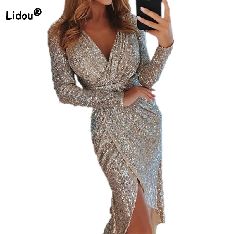 Vestidos de fiesta Mujer Discoteca Moda Primavera Otoño Sexy Escote en V Bronceado Empalme Aberturas Jersey de manga larga Cintura alta Slim Midi 230211