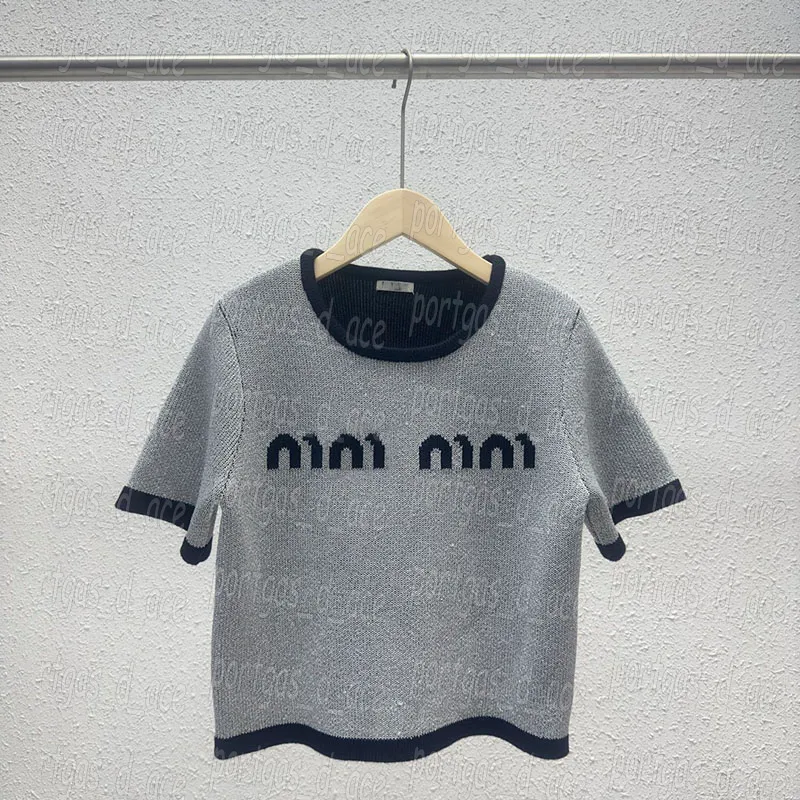 Buchstaben Damen T-Shirts Kurzarm Strick T-Shirt Vintage Mode Grau Rundhals Pullover Tops