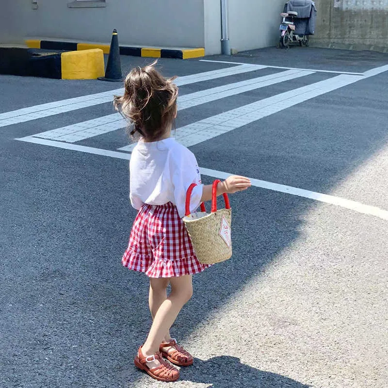 Giyim setleri kızlar takım elbise yaz yeni baskısı gevşek kısa kollu tshirt ekose şort set çocuk kıyafetleri moda