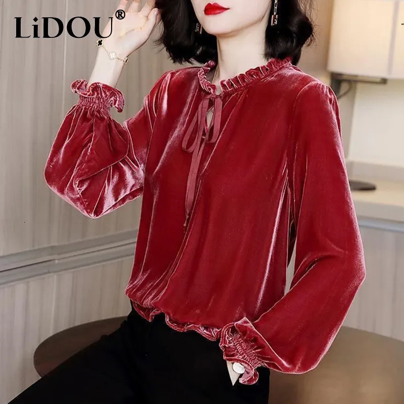 Women's Blouses Shirts Autumn Winter Oversized Velvet Fungus Edge Lace Up Elegant Shirt Women Princess Sleeve Vintage All-match Bottomed Blouse Femme 230211