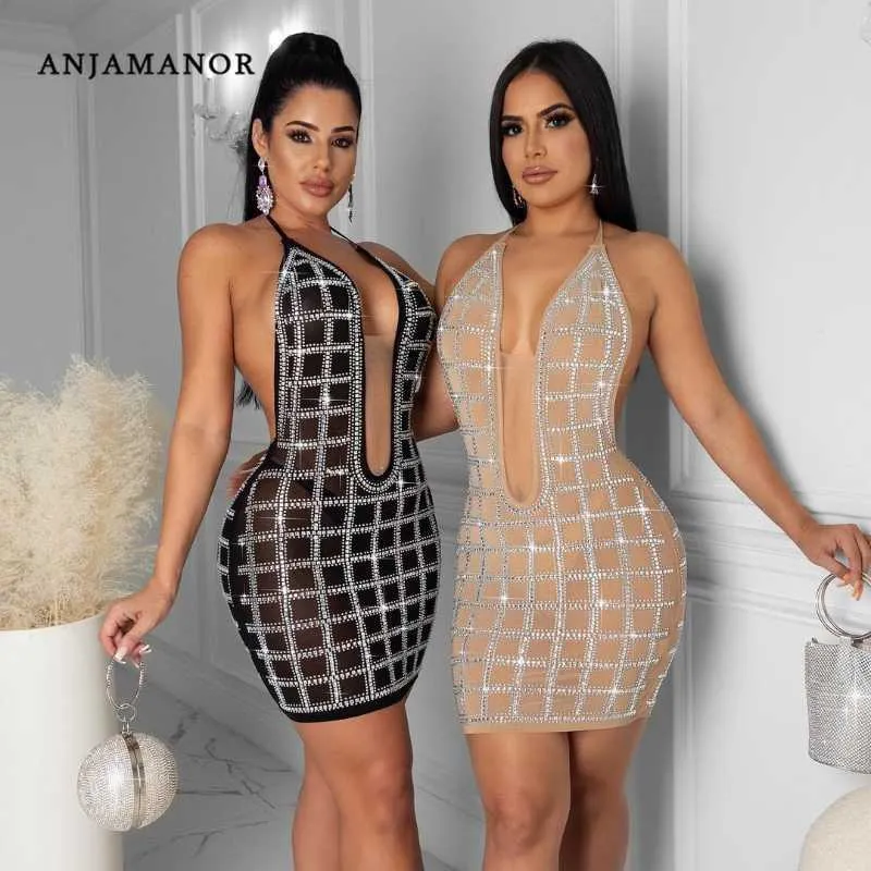 Vestidos casuais Anjamanor vestidos de malha de stromestone brilhantes para mulheres roupas de boate de festas