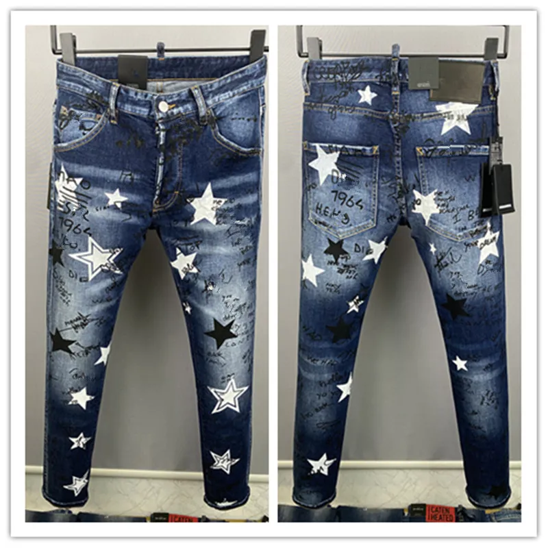 Mäns jeans d2 dsq fashionabla designer fötter rippade modefärg sprutade retro blå streetwear tiggare högkvalitativ jean