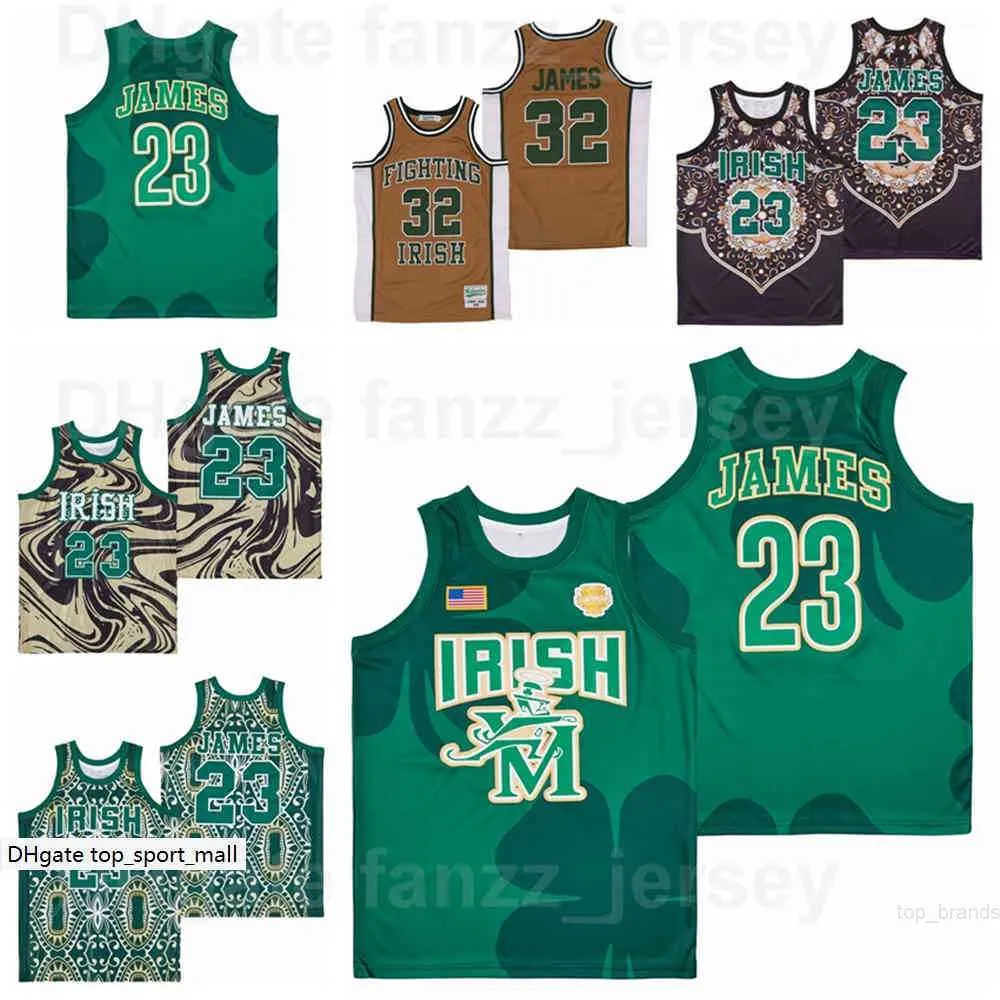 영화 St Vincent Mary Irish Basketball LeBron James Jersey 23 Marble Crown High School Hiphop 팀 컬러 녹색 갈색 통기성 스포츠 우수