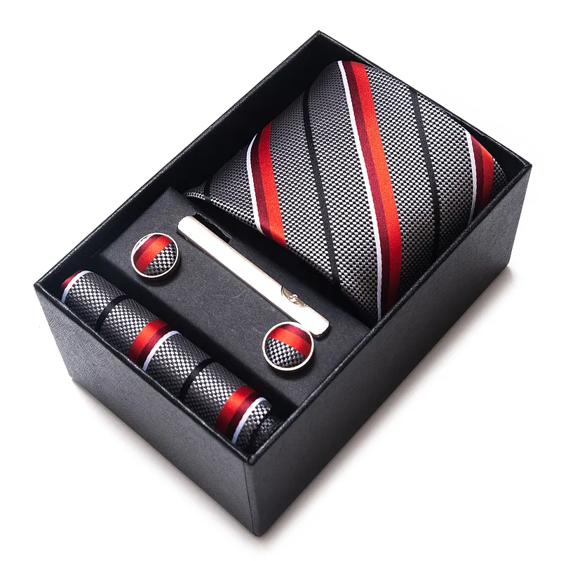 Neck Tie Set est design Classic Factory Sale Holiday Present Silk Tie Handkerchief Cufflink Set Necktie Box Wedding Accessories Striped 230210