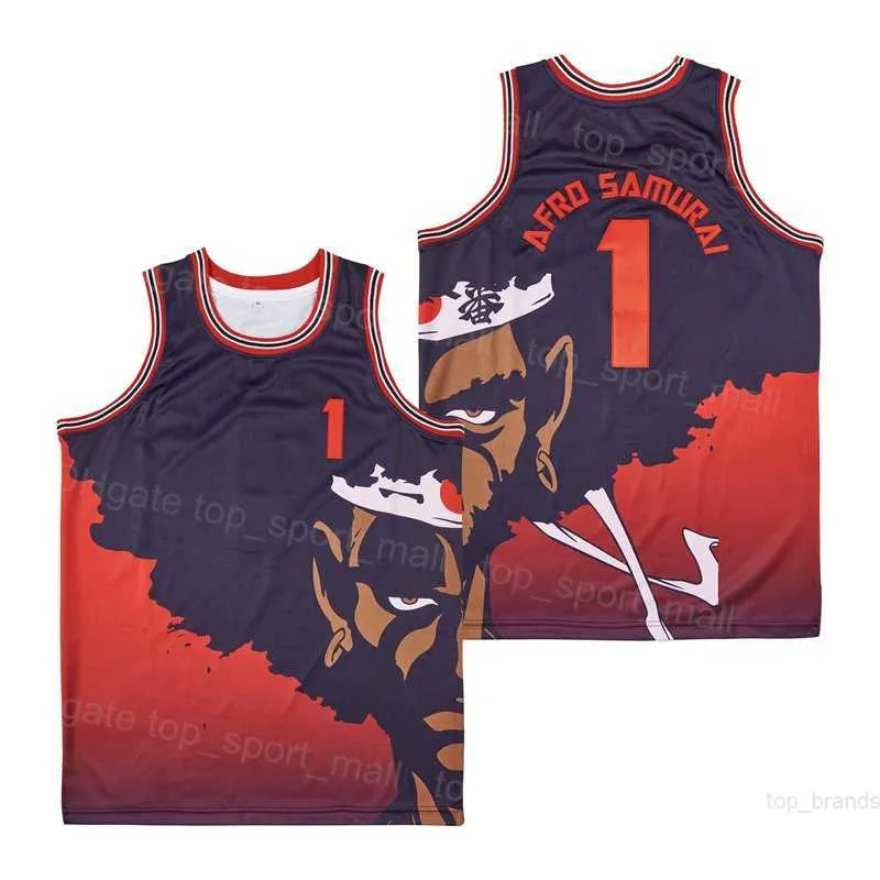 남자 TV 영화 1 Afro Samurai Basketball Jersey Hiphop 스티브 스티치 컬러 스포츠 팬을 위해 통기 가능한 레드 블랙 힙합 순수한 면화 자수 및 바느질 높이