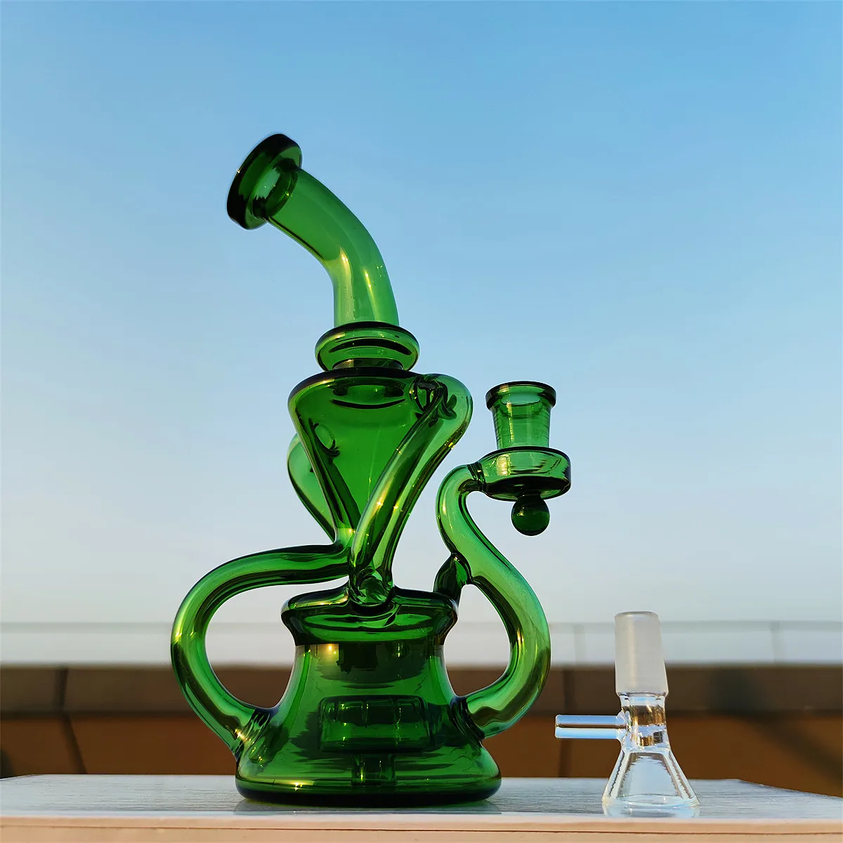 2023 Twin Chamber Heady Bong Vert Métallique Narguilé Bong En Verre Dabber Rig Recycleur Tuyaux Bongs À Eau Tuyau De Fumée 14.4mm Joint Femelle Avec Bol Régulier