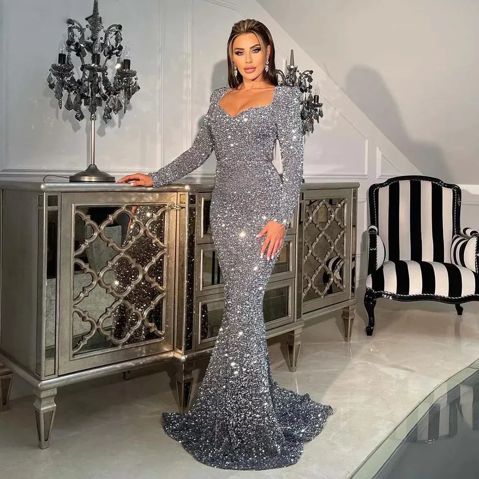 Robes De Soiree YIDINGZS Stretch Robe Maxi A Paillettes Manches Longues Col En V Sirene Soiree Longue Robe De Soiree Gris Noir Bordeaux 230210 Du 44 33 DHgate