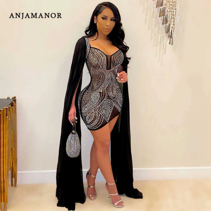 Casual Dresses Anjamanor Crystal Sparkly Mesh Sheer Black Dress Party Evening Elegant Luxury Cloak Long Sleeve BodyCon Mini Dresses D35-GC43 T230210