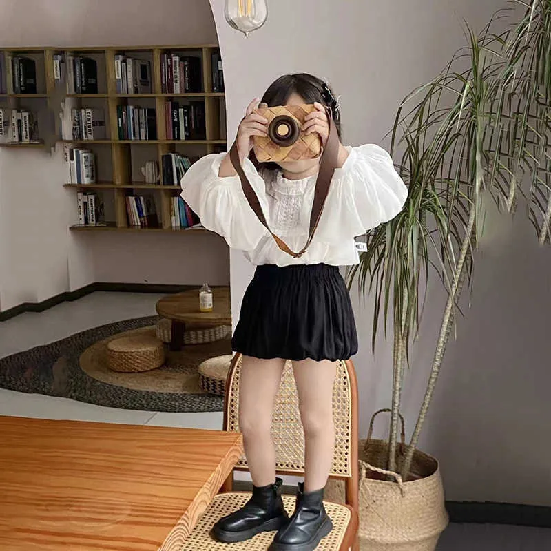 Clothing Sets Spring Autumn New Korean Chiffon Long Doll Shirt Bubble Sleeve Top Versatile Shorts Two Piece Set Kids Boutique Clothes