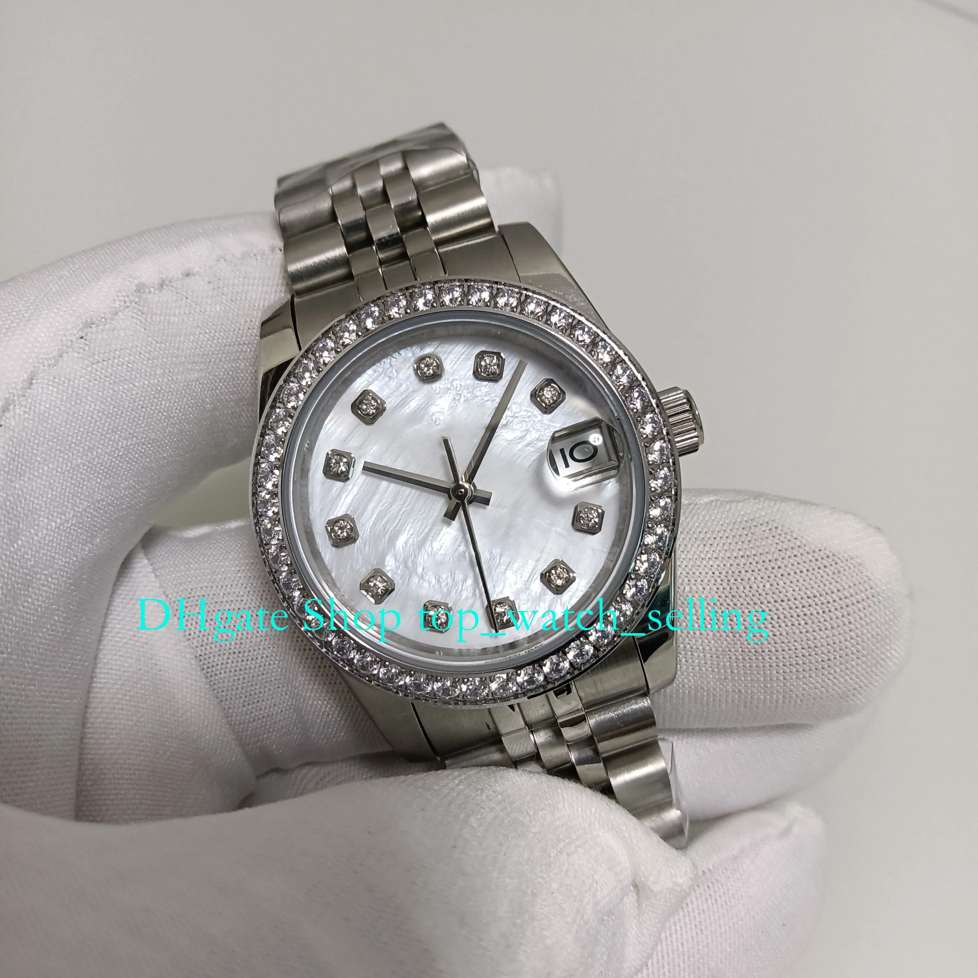 Часы для женщин с коробкой 31 мм White Mop Mother Pearl Diel Diamond Bezel Ladies Automatic Women Asia 2813 Движение механические леди часы