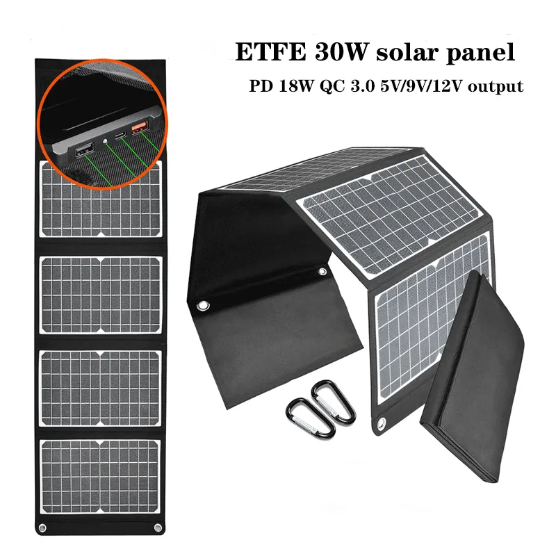 Solpaneler JMUYTOP ETFE 30W Laddningsfällbar PD 18W PORTABLE Power Bank Type C USB QC3 0 5V 9V 12V Output Panels Solar Generator 230210