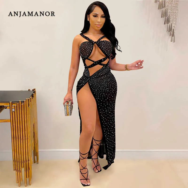 Casual jurken Anjamanor Glitter Rhinestone Mesh Birthday Dress For Women See Through Cutout High Split Maxi Dresses Party Club Outfits D42FF26 T230210