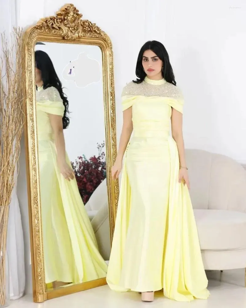 Party Dresses Light Yellow Satin Long Prom Sheath High Neck Capped Sleeves Floor Length Saudi Arabia Women Evening Dress