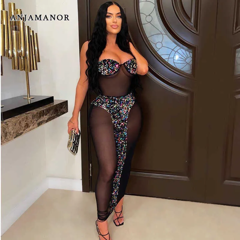Casual Dresses ANJAMANOR Sequins Embellished Mesh See Through Birthday Dresses for Women 2023 Sexy Club Outfits Tube Top Maxi Dress D82-DH22 T230210