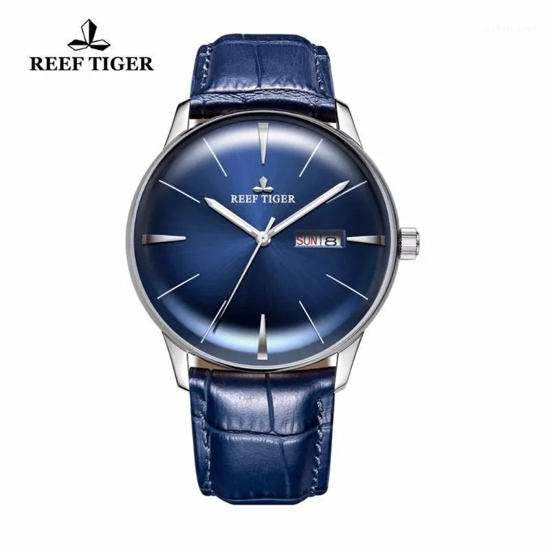 Wristwatches Reef Tiger/RT Dress Mens Mechanical Watch Blue Dial Steel Genuine Leather Strap Convex Lens Watches Analog Automatic