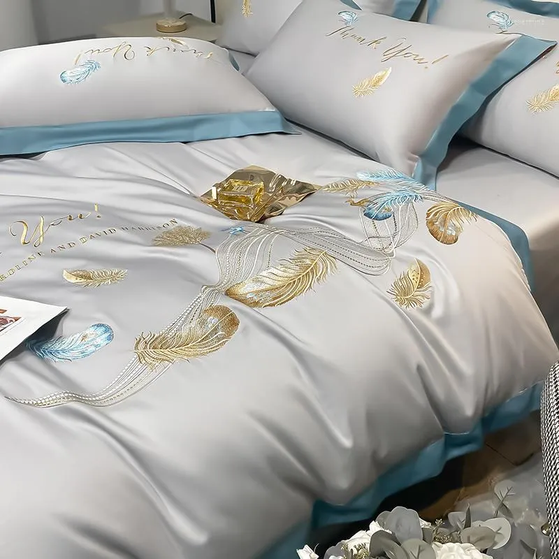 Bedding sets Bedding Sets Luxury Cotton Embroidery Color Leaf Feather Wedding White BeddingSet Kingqueen Bed Cover Set Bedsheets DuvetCover ForTransparent Phone