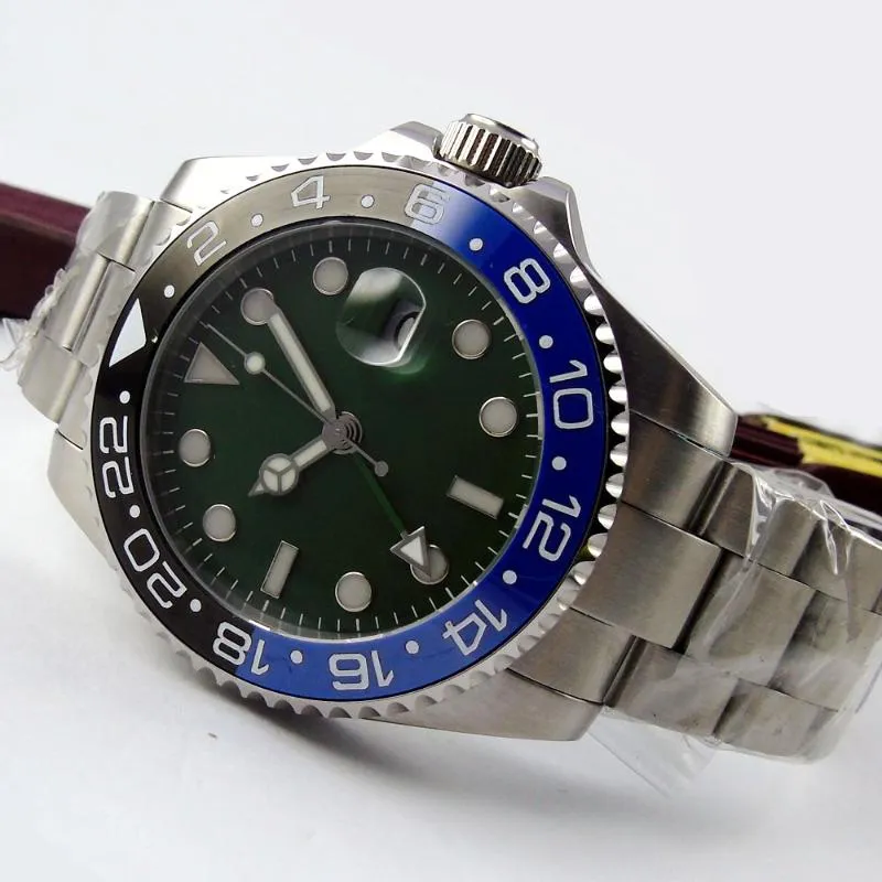Relojes de pulsera 40 mm Esfera estéril verde Reloj automático para hombre Inserto de acero Bisel Fecha Mecánico GMT Oyster Correa Cristal de zafiro Despliegue