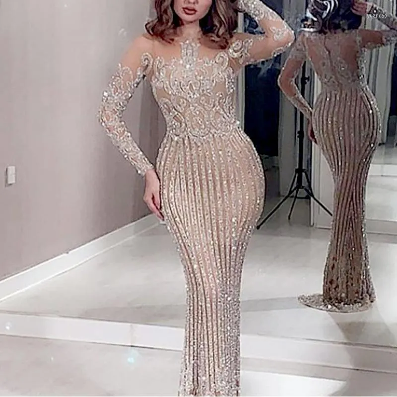 Casual Dresses 2023 Woman Vintage Formal Dress Sexy O-neck Sequins Gowns Hollow Long Sleeve Applique Elegant Mermaid Clubwear Evening