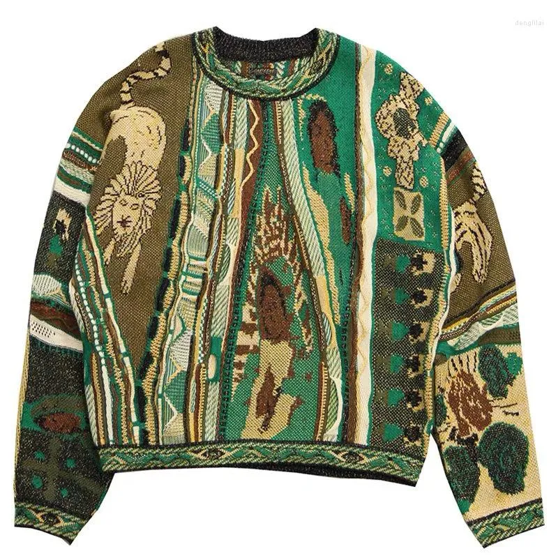 Men's Sweaters Kapital Japan Style Vintage Knitted Women And Men Sweater Green Printed Crew Neck Loose Casual Thickened Contrast Pullover