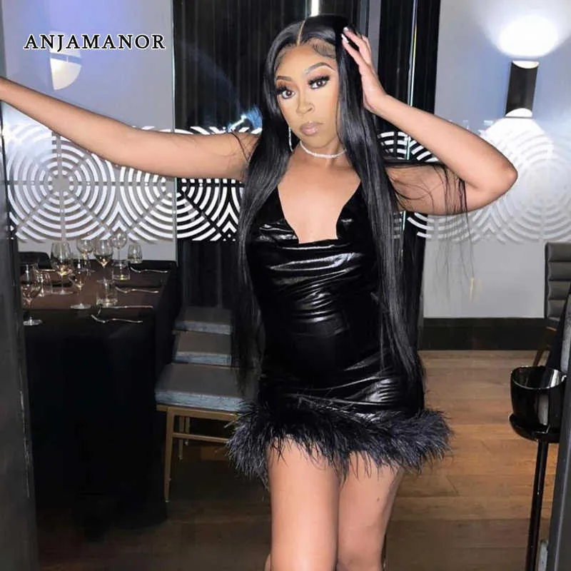 Casual Dresses Anjamanor Sexig Feather Halter Backless Mini Dresses Going Out Night Club Outfits For Women Black BodyCon Dress D82-CE13 T230210