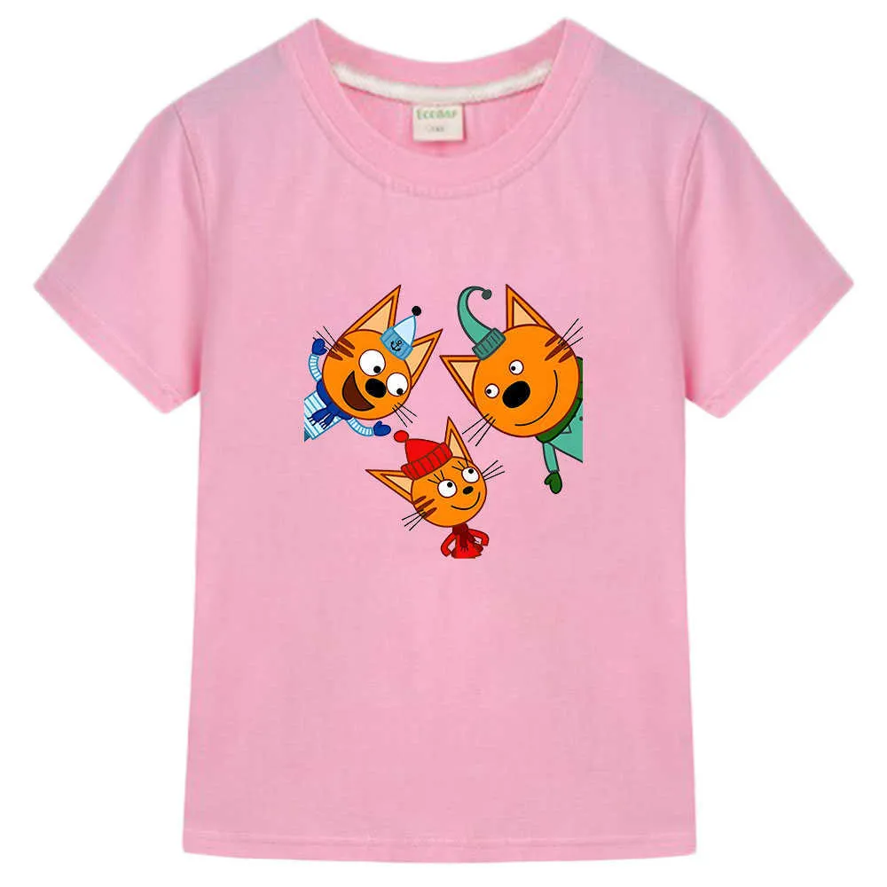 T-shirts Cotton Kid-e-cats Shirt Kids Cartoon Print T-Shirt Three Kitten Russian Baby Girl T Shirt Summer Children Tops Boys Clothes T230209