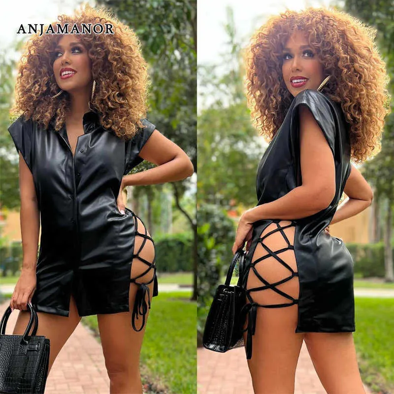 Casual jurken Anjamanor Side Cut Lace Up bandage mini-jurken sexy club outfits voor dames pu lederen button up shirt jurk d42-dh26 t230210