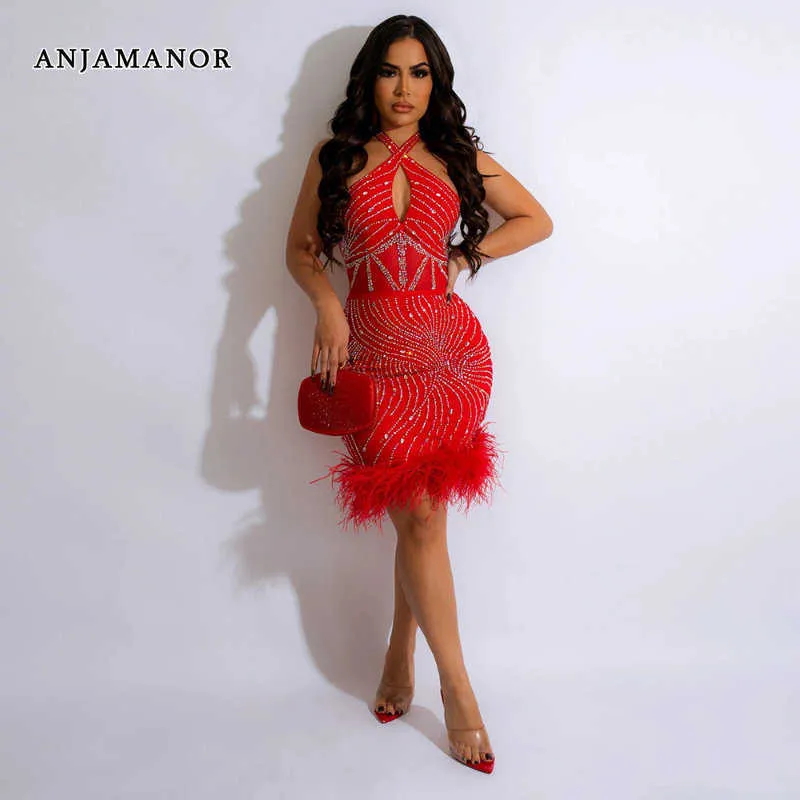 Casual jurken Anjamanor Feather Crystal Luxe kerstfeestjurk Red Black Cross Halter Backless Mini-jurken Sexy Club Outfits D57-EF28 T230210