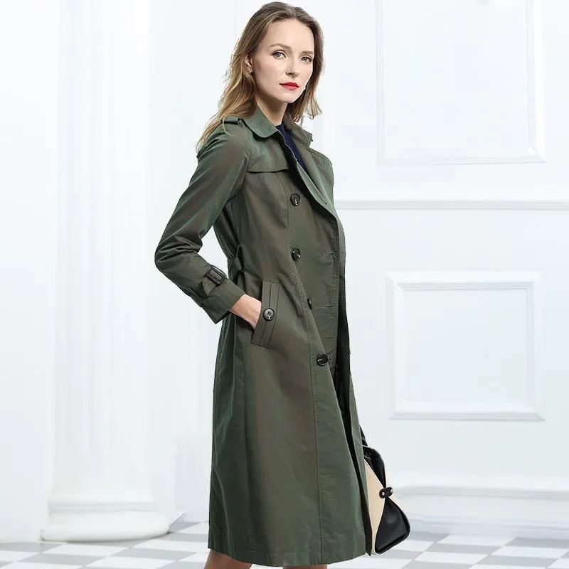 Women s Trench Coats Green Cotton Slim Spring Coat Long Double Breasted Windbreaker With Belt