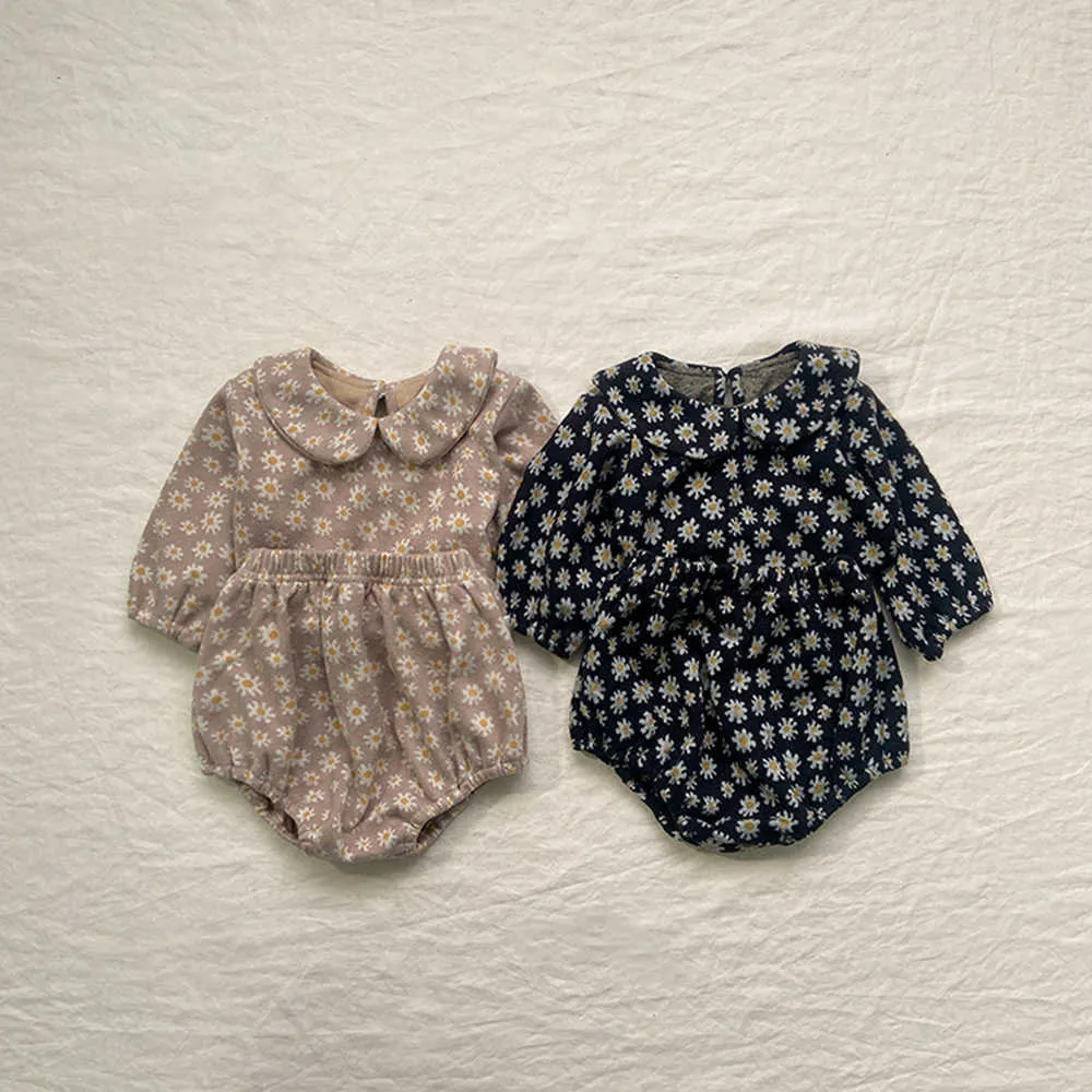 Set di abbigliamento Ragazze Coreano risvolto manica lunga pantaloncini di cotone larghi pc carino vestito floreale per ragazza vestiti per neonati neonato