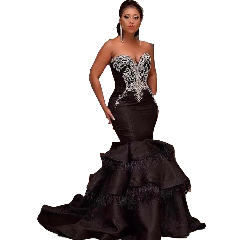 Elegant Mermaid Evening Gown: Black Silver Crystal Beaded Feather Dress -  Shop Now! from Dhgate Evening Dresses - price 271.16