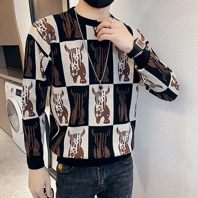 Männer Pullover Mode Koreanischen Männer Gestrickte Straße Tragen Herbst Winter Warme Cartoon Gedruckt Herren Pullover Harajuku Plaid