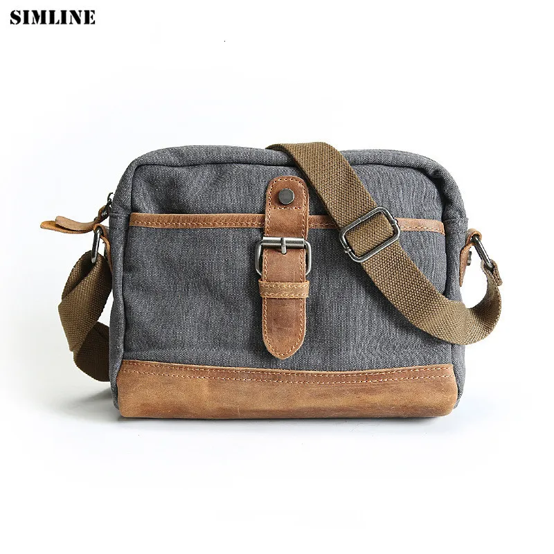 Evening Bags SIMLINE Canvas And Crazy Horse Genuine Leather Messenger Bag Men Vintage Casual Men's Shoulder Crossbody Handbag For Male 230210