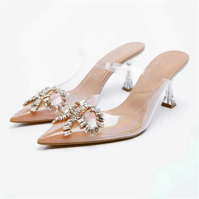 Sandaler Traf 2022 Sparkly Bow Transparent klackar Kvinnor Fashion Poysed Tår Slingbacks Sandaler Kvinna Elegant Thin Crystal Pumps New G230211