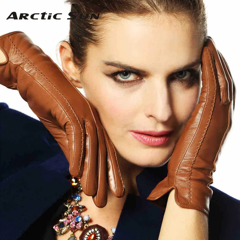 Five Fingers Gloves Elegant Women Genuine Lambskin Leather Gloves High Quality Autumn And Winter Plus Velvet Thermal Trendy Female Glove L085NC 230210