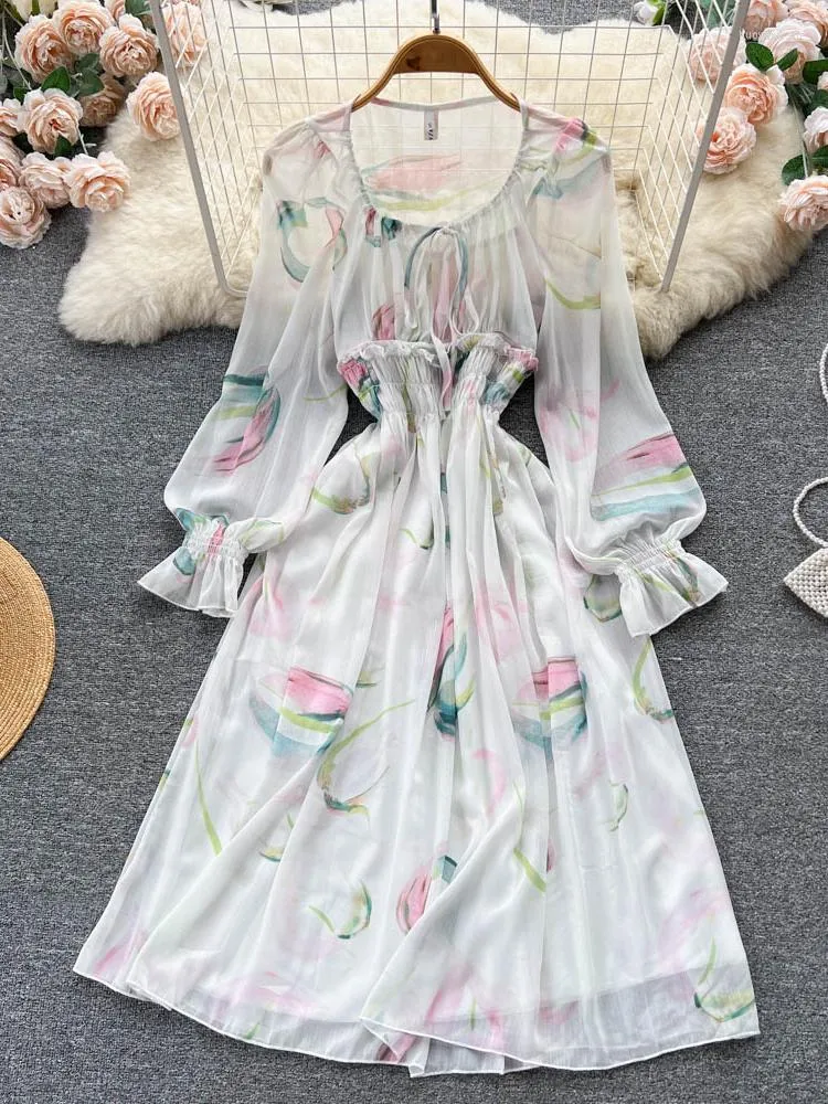 Robes décontractées printemps automne imprimé fleuri robe de plage femmes mince une ligne O cou en mousseline de soie fête élégantes dames Boho