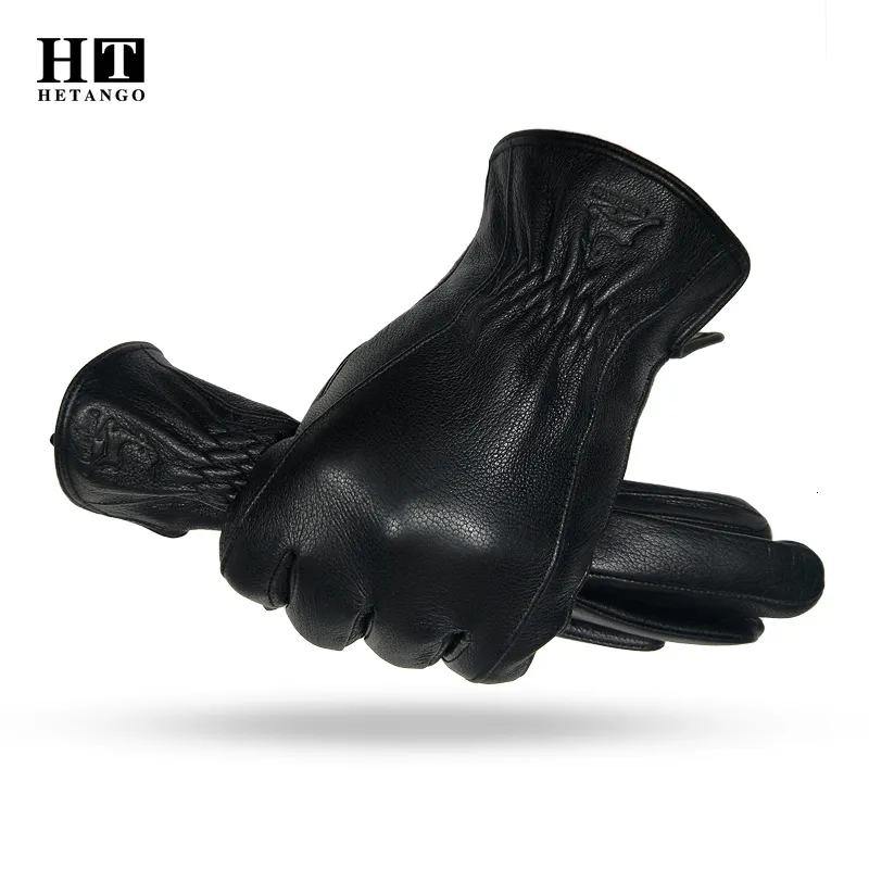 Five Fingers Gloves Winter Men's Leather Gloves Warm Soft Black Buckskin Pleated Design Outdoors Driving Gloves Mittens Wool Lining 230210