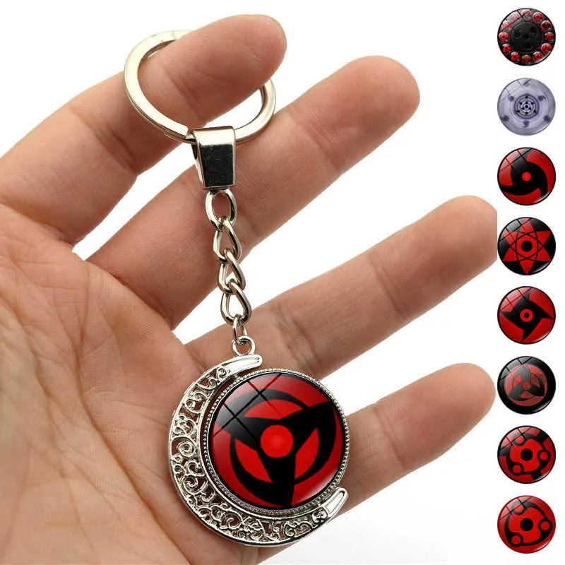 Nyckelringar Sharingan Eye Anime KeyChain Accessories Uchiha Sasuke Kakashi Rotating Moon Pendant Metal Key Ring Key Chains For Women Jewelry G230210