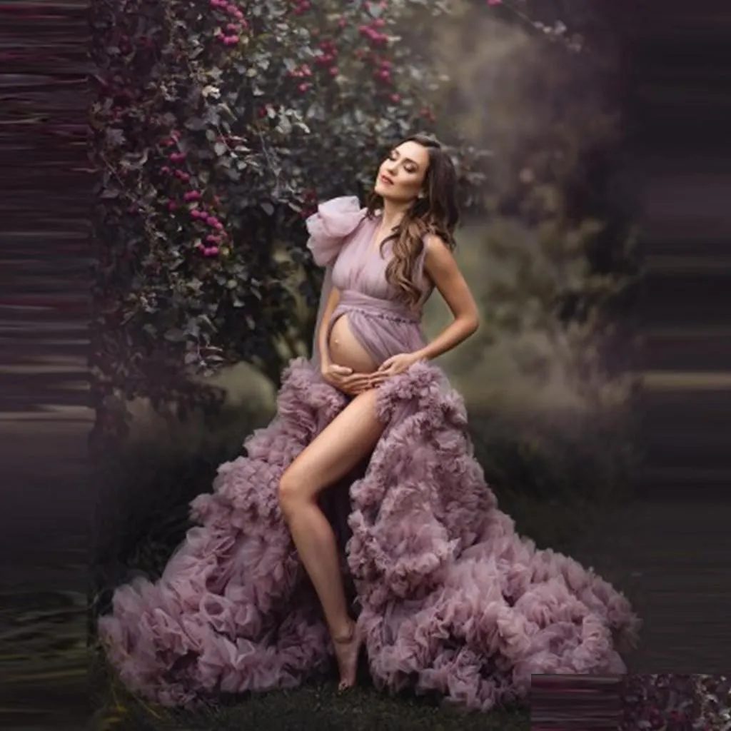 Vestidos de noche Elegante Púrpura Tle Maternidad Para Po Shoot Corte frontal Abierto Sin mangas Vestido de fiesta Chal Volantes con bengalas por encargo Dhljy