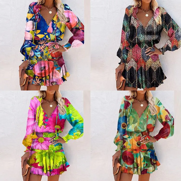 Robes décontractées à manches longues col en V sexy mini robe boho femmes chemise florale courte 2023 mode printemps et automne en gros