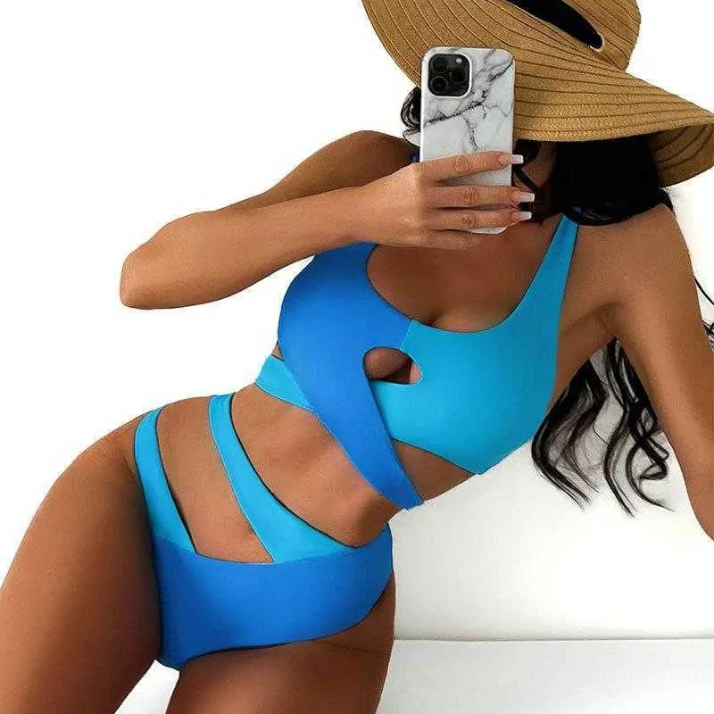 Costume da bagno sexy alla moda a triangolo a vita alta diviso da donna con cuciture incrociate a molla