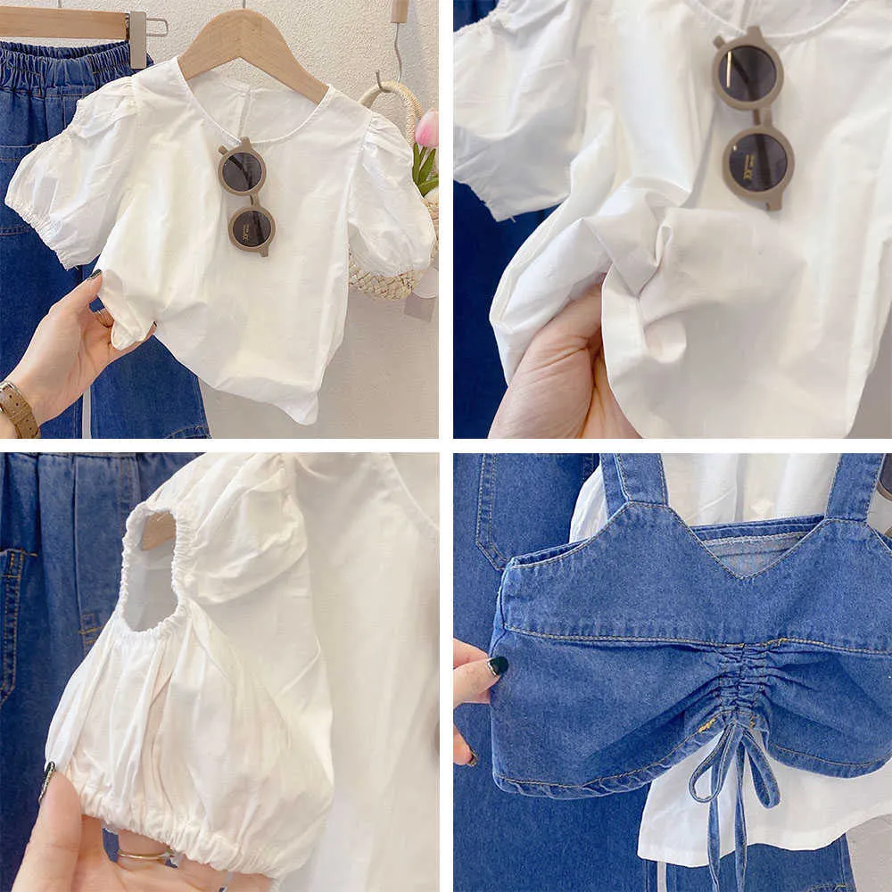 Summer Blue Cowboy Clothing Sets Girls Denim Suspenders Short Sleeve Wide Leg Pants Pcs Fashion Baby Kids Clothes Suit