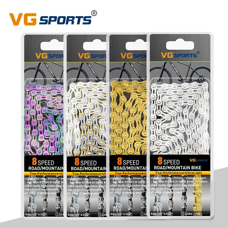 VG Sports 8 Speed ​​Bicycle Road Cycling Half Hollow 8s 116L Golden Silver MTB Mountain Bike Chains Accessories 0210