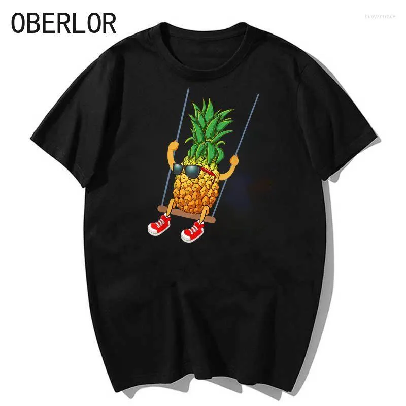 Men's T Shirts Funny Swinging Pineapple Men Clothing Anime Homme T-Shirt Streetwear Cartoon Mens Clothes Shirt Black Short Sleeve