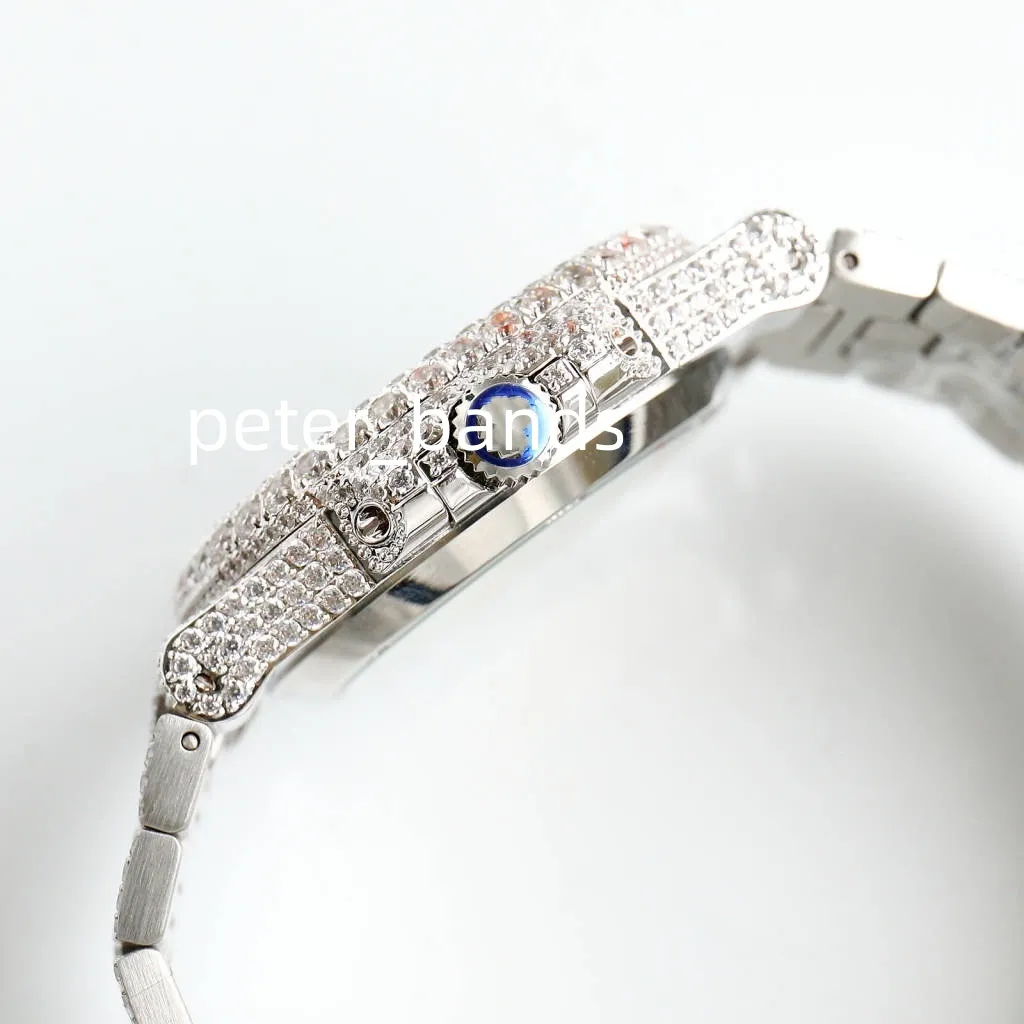 Najwyższej jakości mężczyźni oglądają modę Srebrne męskie zegarek 40 mm lód na Out Full Diamond Bezel Automatyczny ruch niebieski twarz237s